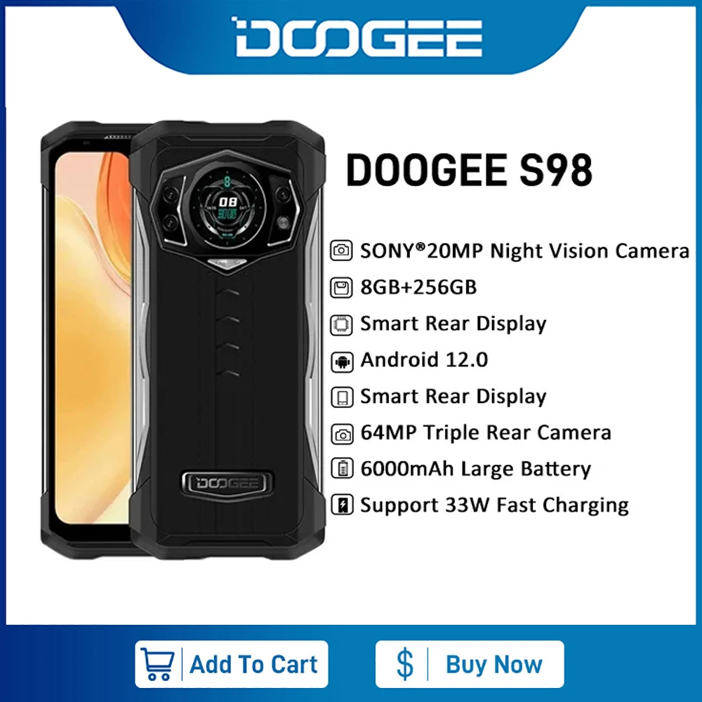 

DOOGEE S98 Rugged 6.3"LCD FHD Smart Display Dial Rear G96 Octa Core 8GB+256GB Memory 64MP Camera 6000mAh