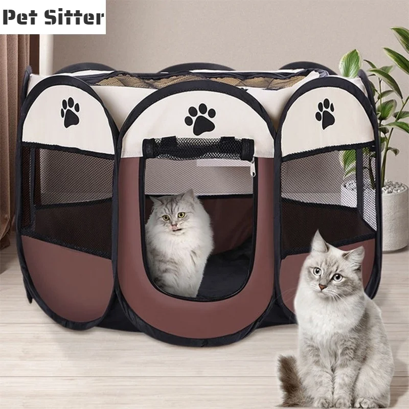 

Foldable Pet House Portable Cat Playpen Tent Dog Puppy Fence Kitty Paw Print Exercise Play Kennels Mesh Zipper Cat Delivery Room