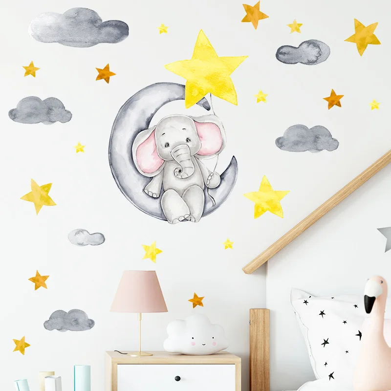 

Cartoon Elephant Clouds Stars Wall Sticker For Kids Baby Room Home Decoration Mural Bedroom Wallpaper Removable Animals Stickers