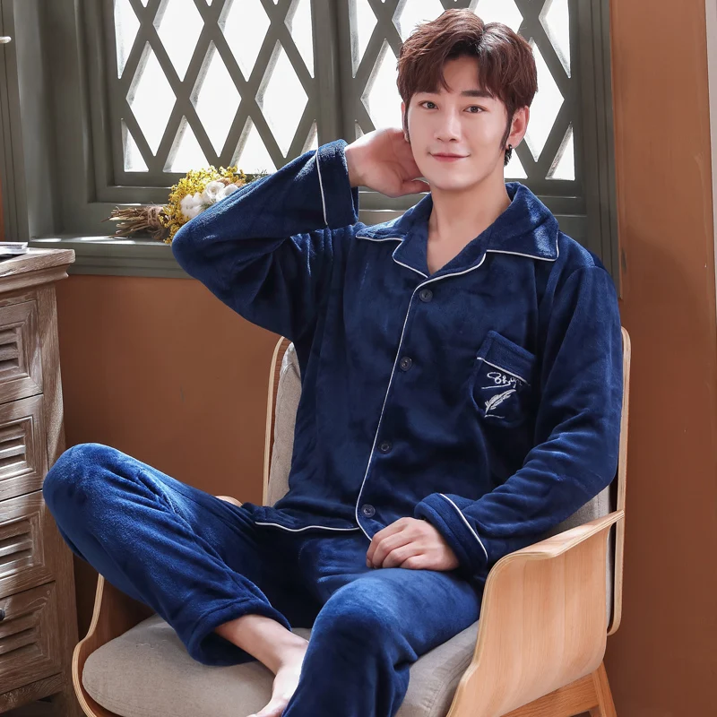

QUHENG Flannel Pajama Set for Men Winte Autumn Long Sleeve Thick Warm Coral Velvet Male's Sleepwear Suit Pyjamas Homewear