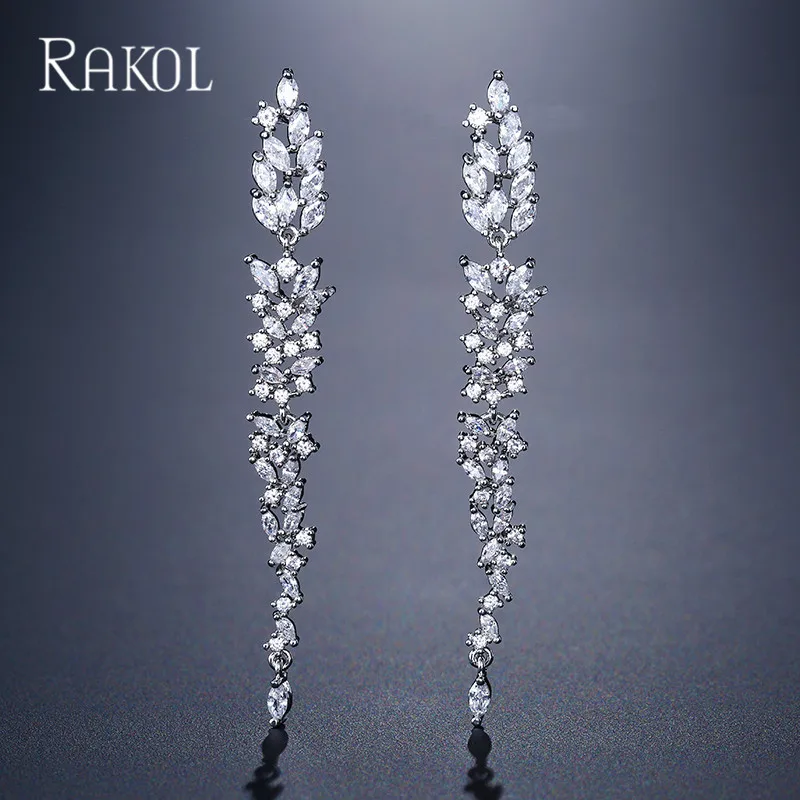 

RAKOL Shiny Cubic Zirconia Long Drop Earrings for Women Luxury Bridal Wedding Event Pendant Party Style