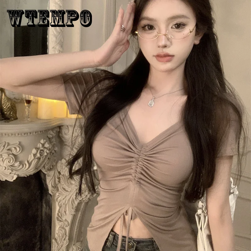 

WTEMPO V-neck Short Sleeve T-shirt Women's Summer Drawstring Pleated Tight Bottoming Shirt Sexy Khaki Cropped Top 2023 Fashion