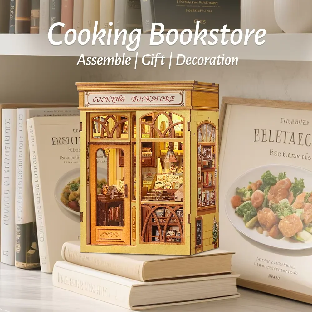Фото CUTEBEE Book Nook Kit DIY Кукольный домик со светодиодной подсветкой Книжная полка Вставка Кулинарный книжный магазин Модель Коллекция для подарков на день рождения для детей №1