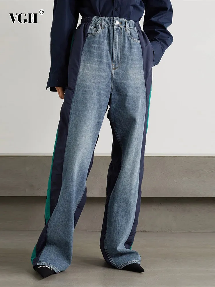 

VGH Patchwork Denim Straight Trouser For Women High Waist Hit Color Long Trousers Female Clothing Fashion Vintage Style 2022 New