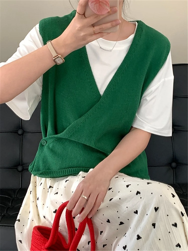 

Spring Fashion Sweet Elegant Sleeveless Cross One Button V-neck Knitted Vests for Women Girl Chic Sweater Vest Vintage Cardigans