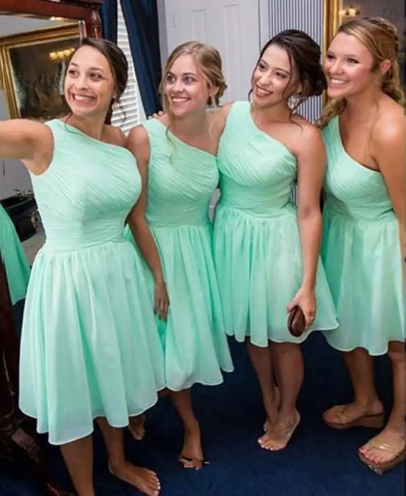 

mint green bridesmaid dresses chiffonone shouldersA Line robe demoiselle d honneur femme short vestido de fiesta de boda elegant