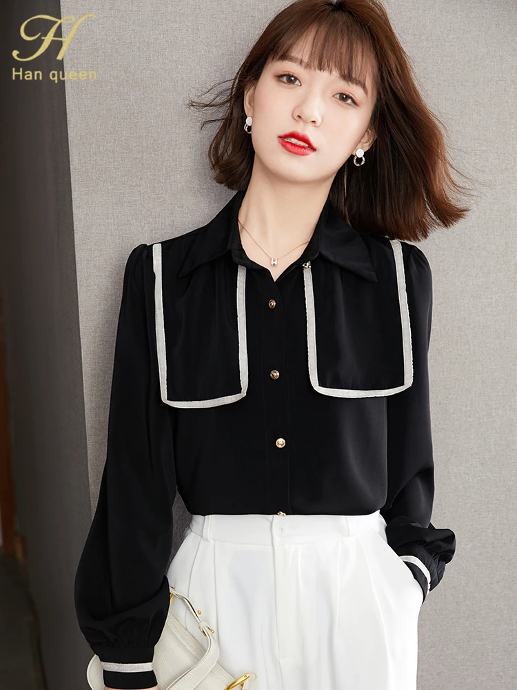 

Новинка 2022, базовые осенние женские блузки H Han Queen, повседневные рабочие топы с подбором цветов, шифоновая блузка, свободная рубашка с длинны...