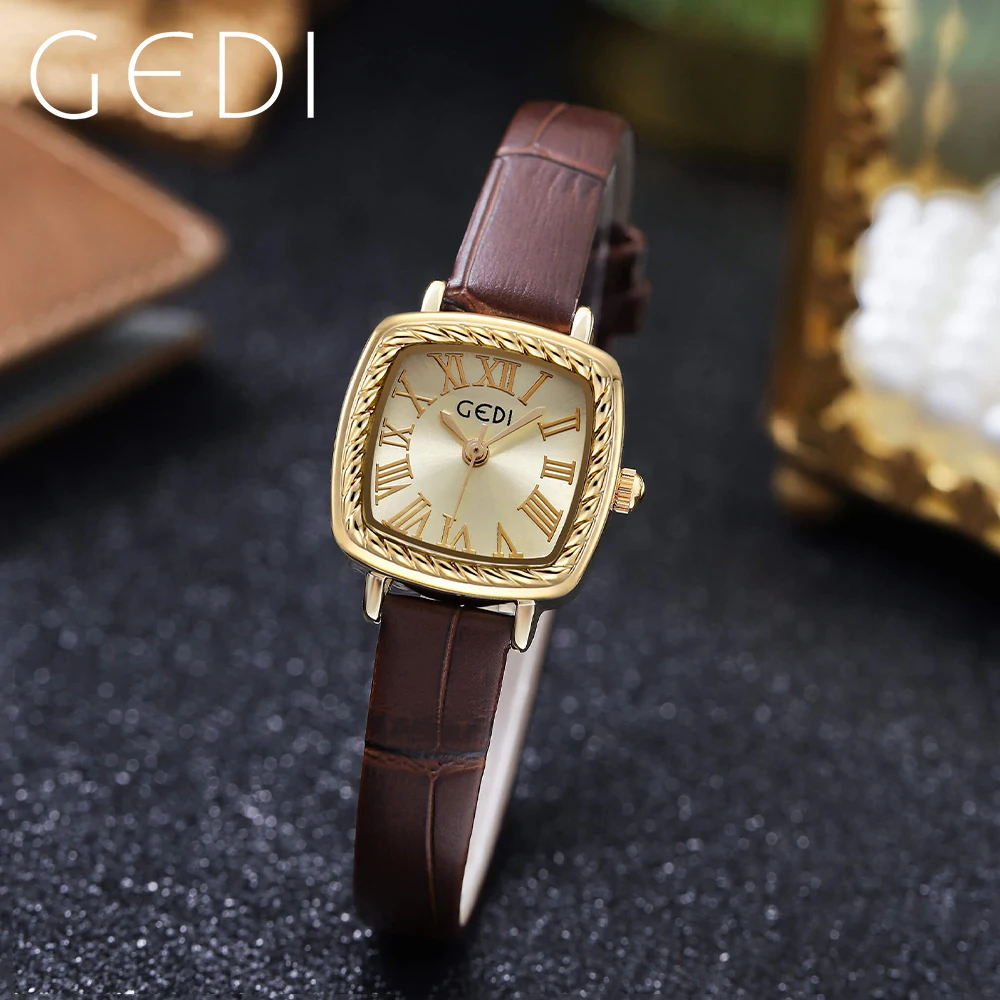 GEDI Retro Small Watch for Women Luxury Brand Leather Strap Roman Dial Waterproof Ultra-thin Ladies Watches Vintage Female Clock