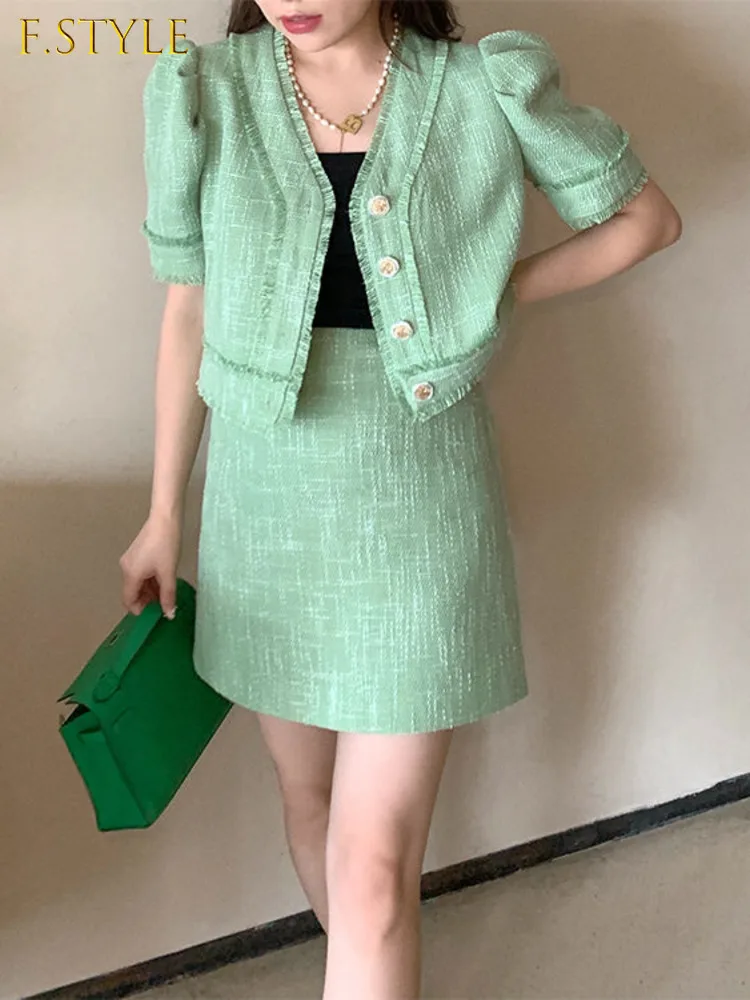 2022 New Casual Women's Skirt Sets V-neck Short Sleeve Pearl Jacket Crop Top + High Waist A-lin Skirt Two Piece Suits Female