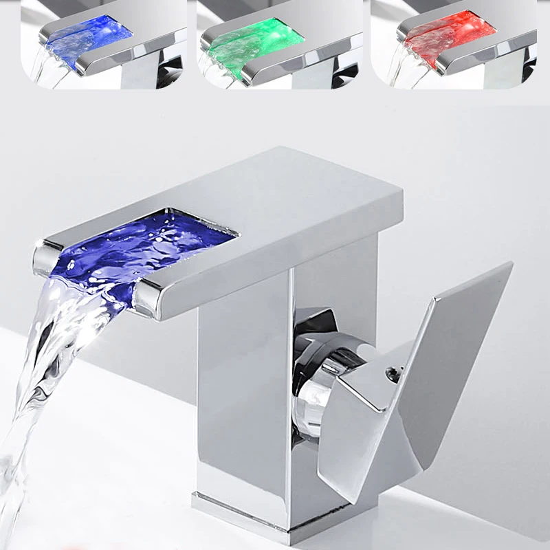 

LED Waterfall Bathroom Basin Faucet Accessories Set Cold Hot Water Mixer Crane Sink Taps Color Change Powered Water Flow Faucets