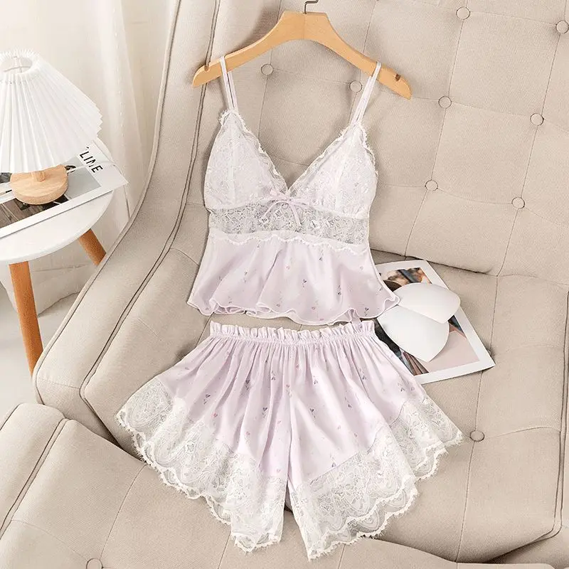 

Sexy Print Lace Pijamas Suit Strap Top&Shorts Intimate Lingerie New Summer Women Pajamas Set Sleepwear Silky Satin Home Clothes
