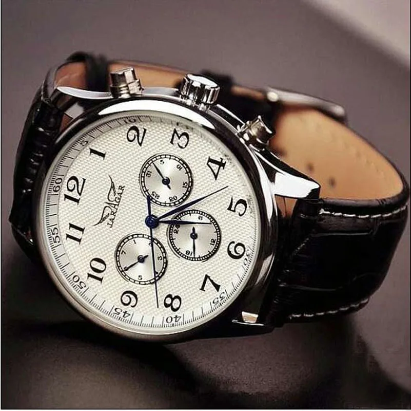 

New Fashion JARAGAR Automatic Mechanical Self-Wind Sport Thin Case Calendar 24Hour Week Dial Real Leather Strap Men Wrist Watch