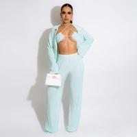 women solid color loose 3 piece suit womens sexy long sleeve cardigan turn down collar shirt bra high waist wide leg pants suit