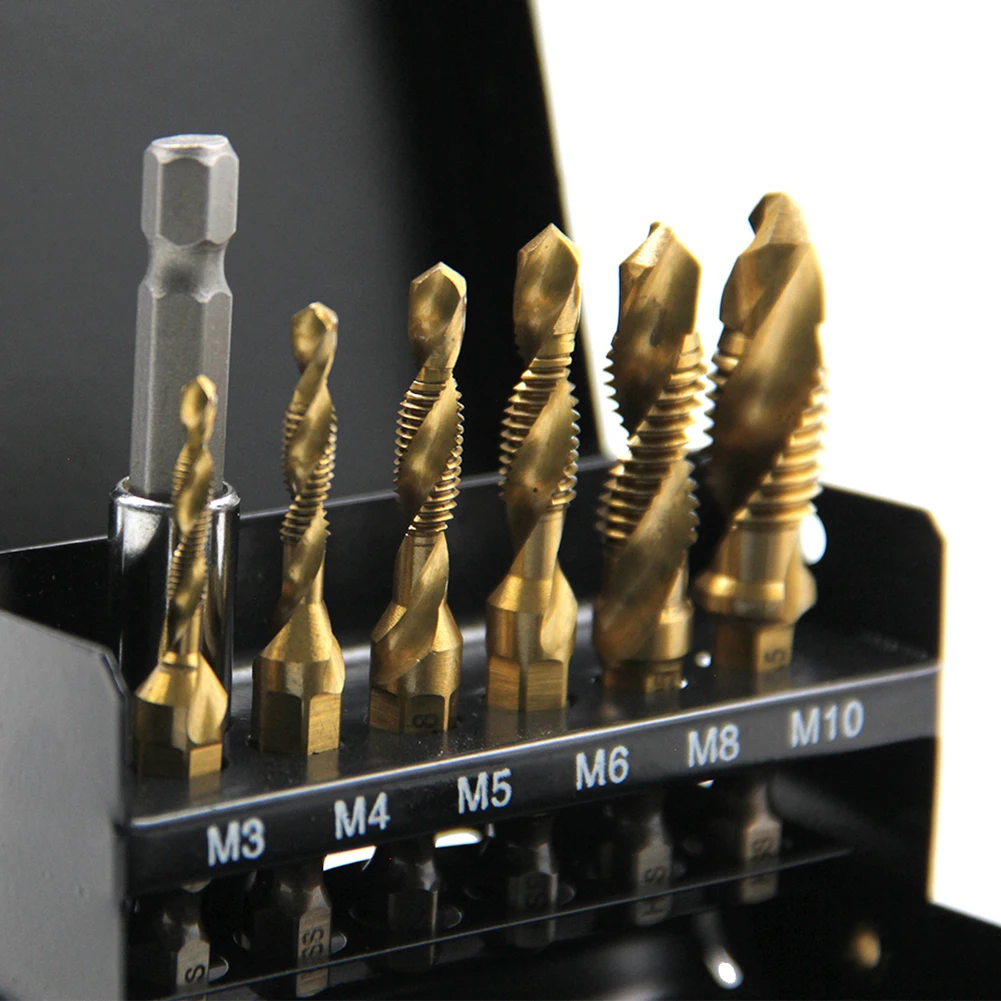 

6pcs Screw Tap Drill Bits Hss Taps Countersink Deburr Set Metric Combination Bit High Speed Steel 1/4 IN Quick Change Hex
