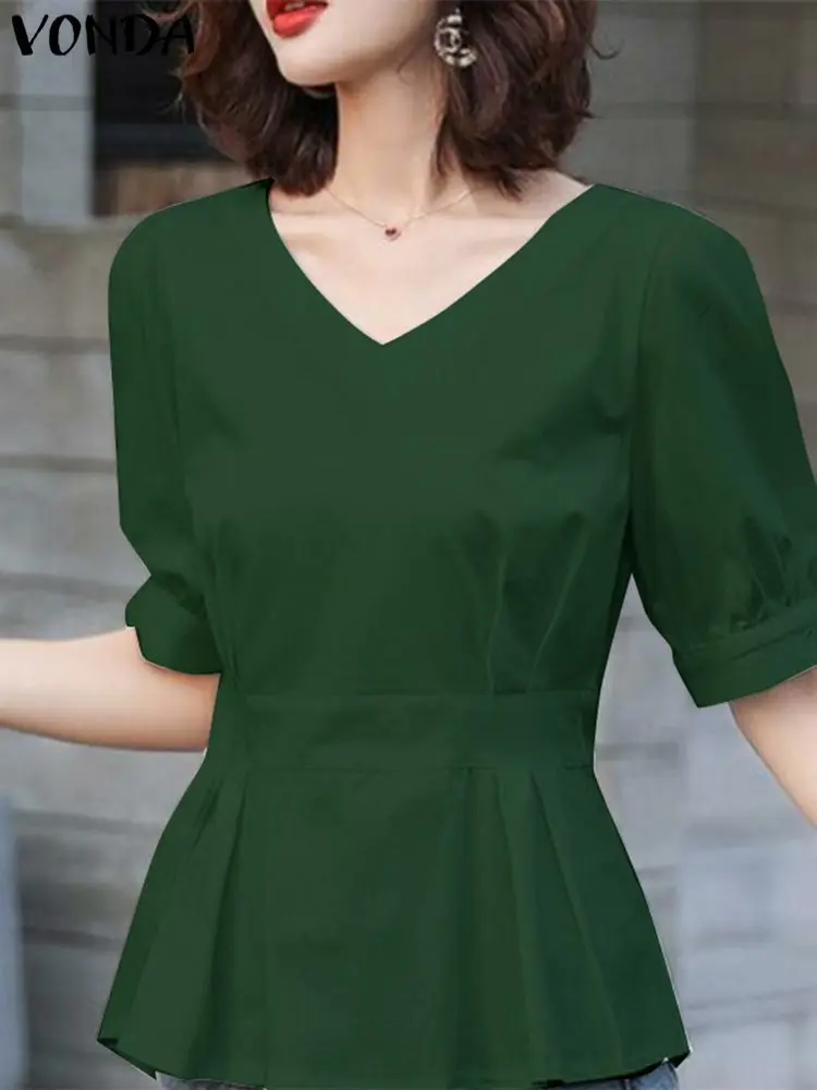 

VONDA Women Elegant Blouse 2023 Summer Puff Sleeve Solid Color Fashion Shirts Casual Loose Tunic Tops Sexy V-Neck Pleated Blusas