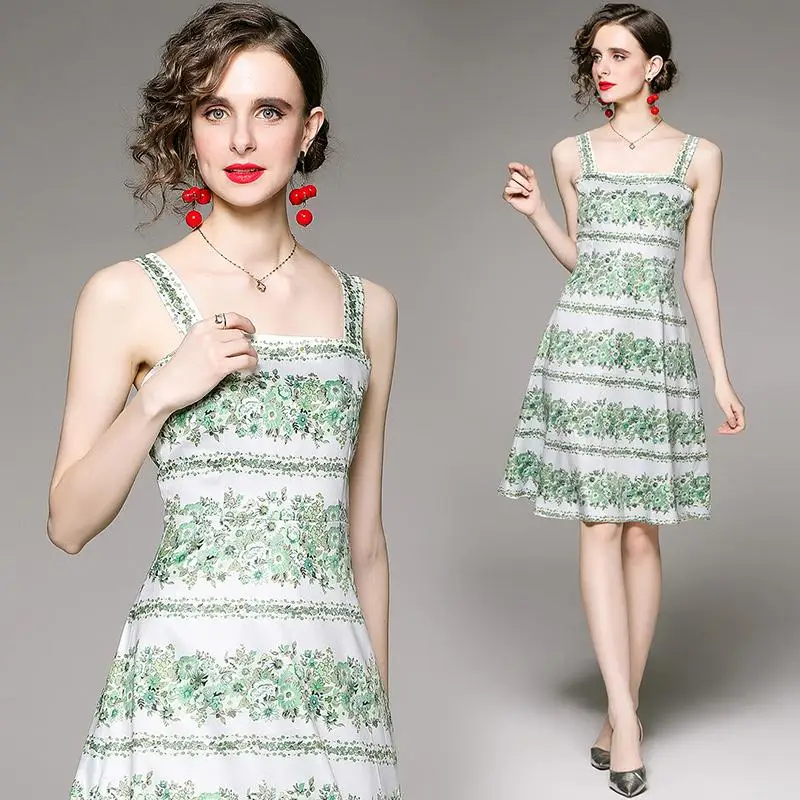 

Fashion Women Sleeveless Holloday Knee Length Dresses Sexy Shoulder Off Bodycon Romantic Spaghetti Strap Green Floral Vestidos