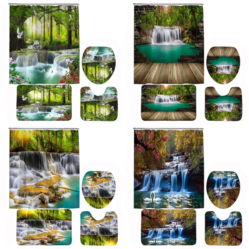 

Landscape Waterfall Shower Curtain Sets Tropical Jungle Flower Forest Bathroom Curtains Non-Slip Bath Mats Toilet Pedestal Rugs