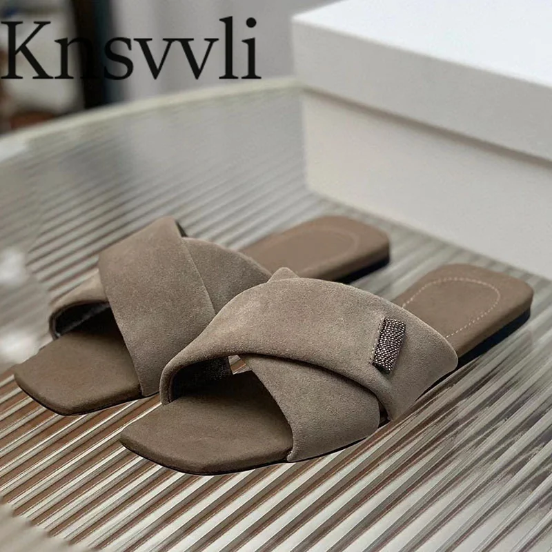 

Мюли женские замшевые, летние пляжные туфли из бычьей замши, с открытым носком, с перекрестными ремешками, с бусинами, повседневные, квадрат...