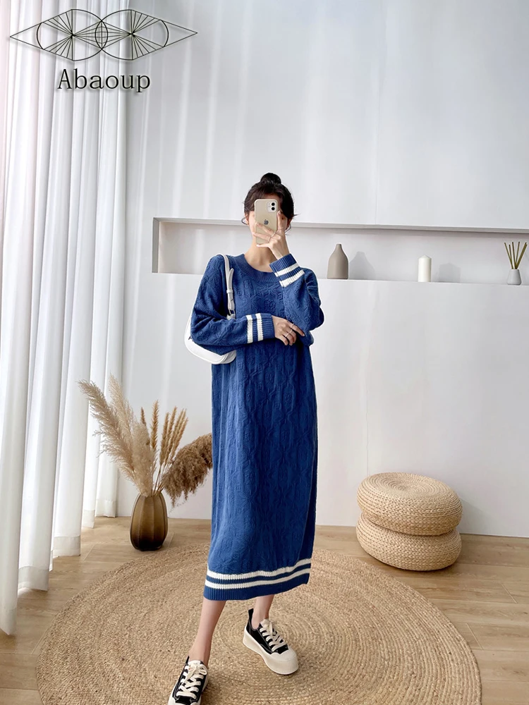 

O-Neck Women's Straight Dress Knitting Pattern Raglan Sleeve Dress Straight Mid-Calf Stripe Design Blue White Student Style