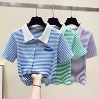 summer girl polo collar t shirt womens button candy color striped t shirt summer slim short sleeve tops 2022