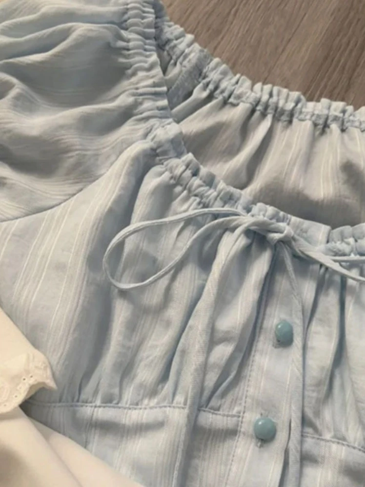 Французские милые блузки для женщин с круглым вырезом на шнуровке и оборками