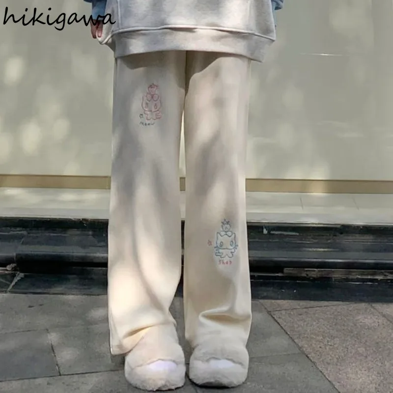 Женские широкие брюки с вышивкой кошки винтажные толстые вельветовые высокой