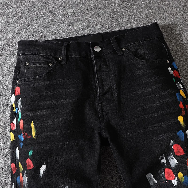 2023 Brand Men's Jeans Streetwear Skinny Trouser Hip Hop Paint Splash Denim Pants Fashion Ripped Elastic Tight Slim Fit Trousers