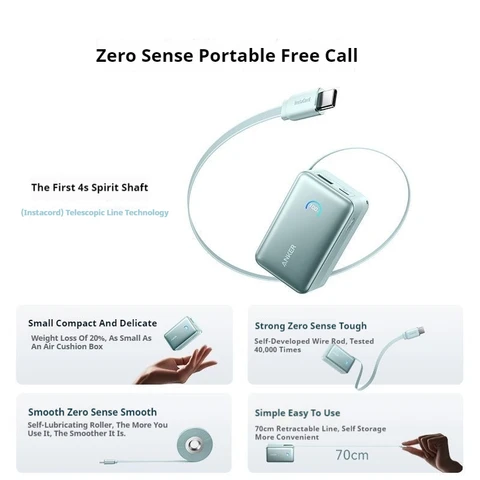 Anker 10000 мАч Power Bank PD 45 Вт Быстрая зарядка со встроенным выдвижным кабелем Instacord Портативная внешняя батарея для iPhone 17