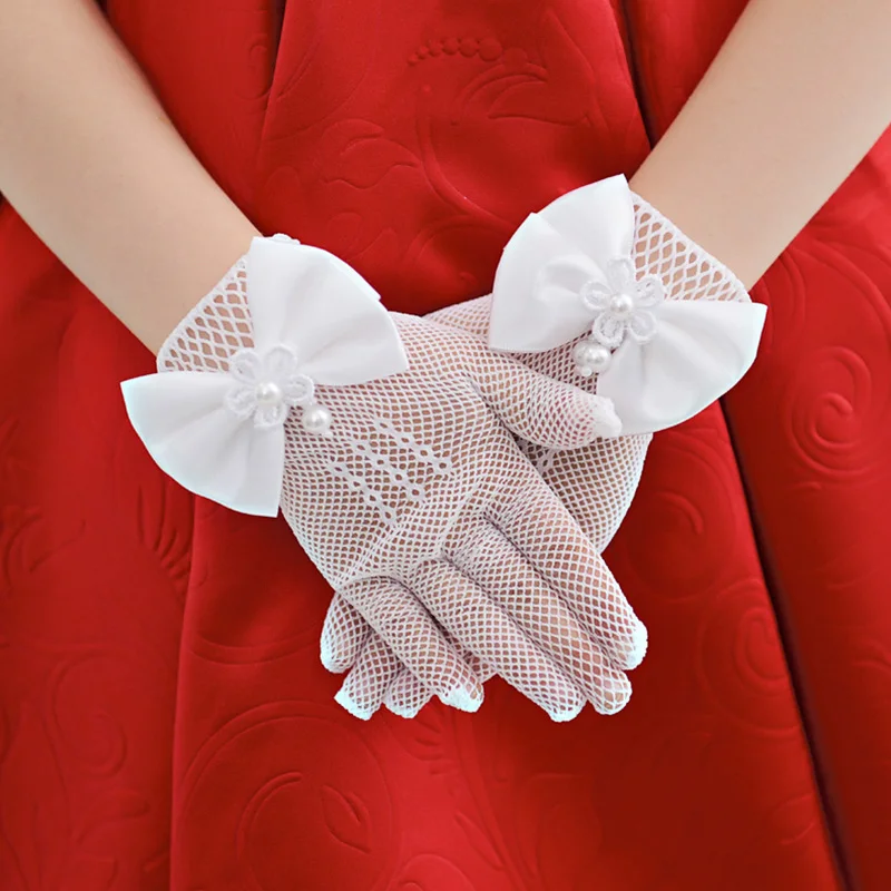 

Girls Wedding Party Gloves Children Ceremony Ornament Accessories Princess Gloves Elastic Mesh Bowknot Pearl Performance Mittens