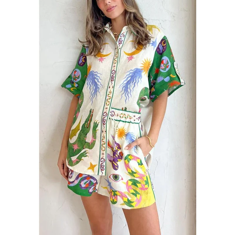 

Women Summer Two Piece Set Homewear Casual Fashion Short Sleeve Shirt Top Wide Leg Shorts Pajamas Suit Outfits Pijamas