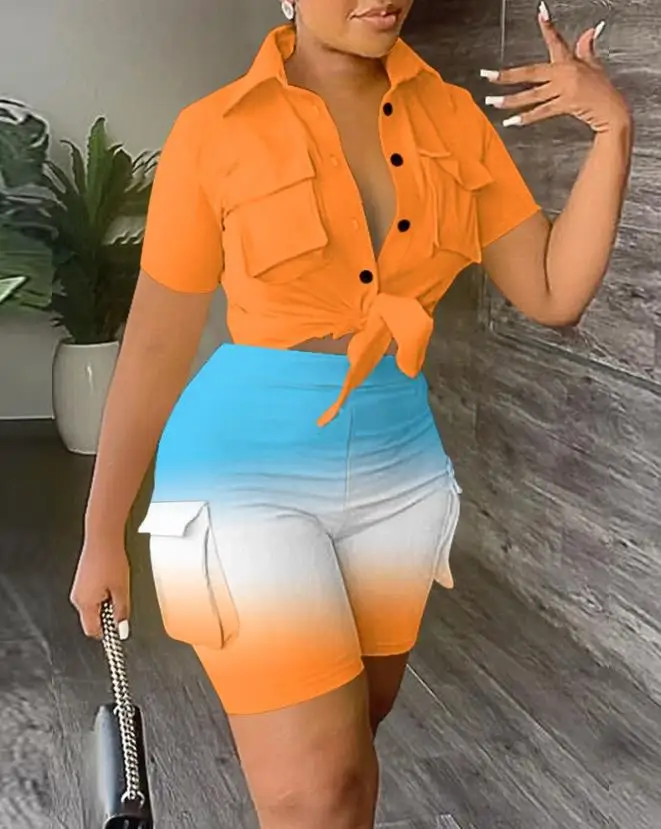 

2023 Summer Casual New Fashion Womens Sets Outfit Buttoned Pocket Design Top & Ombre ShortsTwo Piece Sets