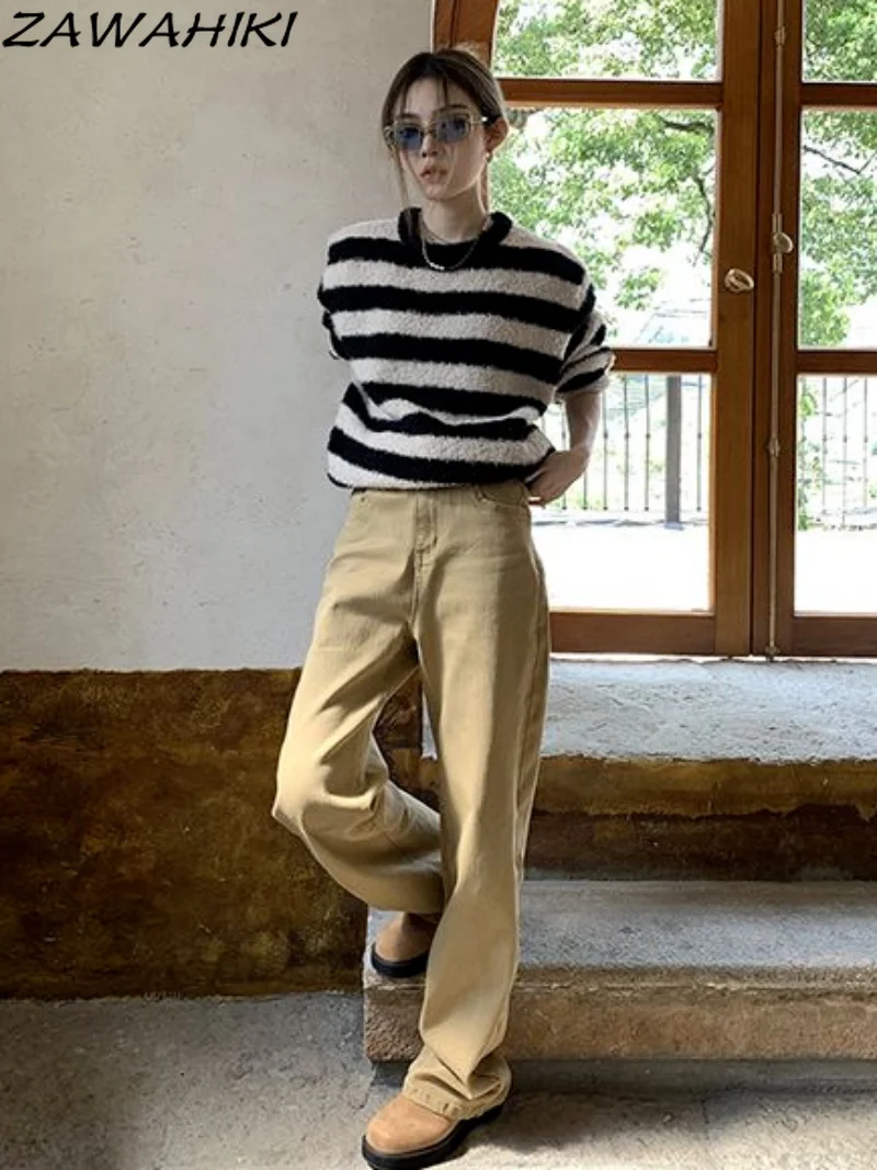 

Fluffy Knitted Sweaters Women Casual O-Neck Stripe Pullover Sweater Autumn Winter Retro Jumper Harajuku Oversized Loose Sweater