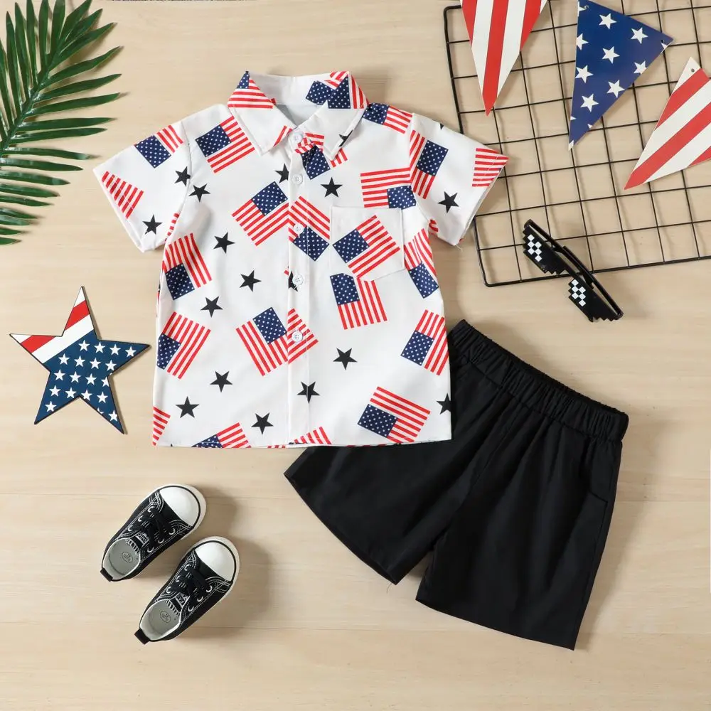 

Baby Kids Boys Independence Day Clothes Set 2023 Summer Short Sleeve the Fourth of July Print Button-down Shirt Shorts 1-5 Years