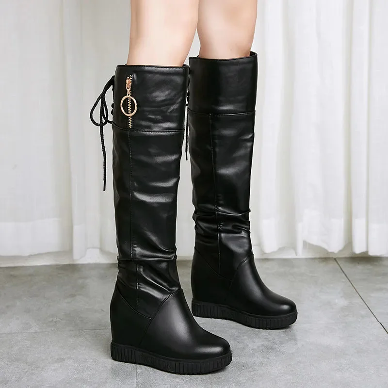

Women Fashion Black Height Increased Comfort Side Zipper Plus Size Long Boots Lady White Comfort Shoes Botas Femininas B638