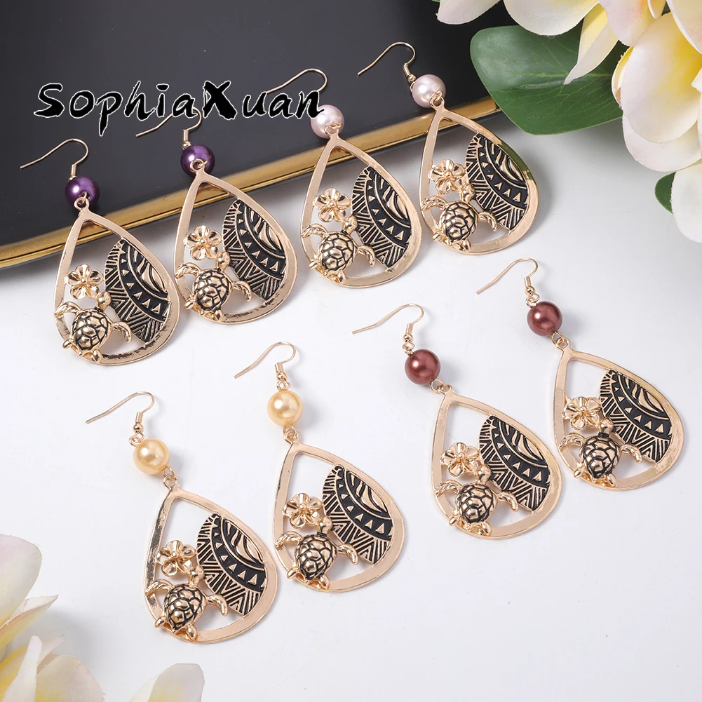 

Sophiaxuan Hawaiian Hollow Out Design Flower Dangle Earring Luxury New in Women Jewelry Bohemia Tortoise Pearl Drop Earrings