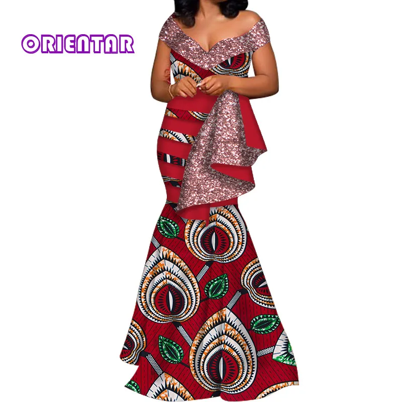 

Elegant Women African Dress Fashion V-neck Bodycon Ankara Mermaid Dresses for Wedding Party African Print Shiny Dress WY6284