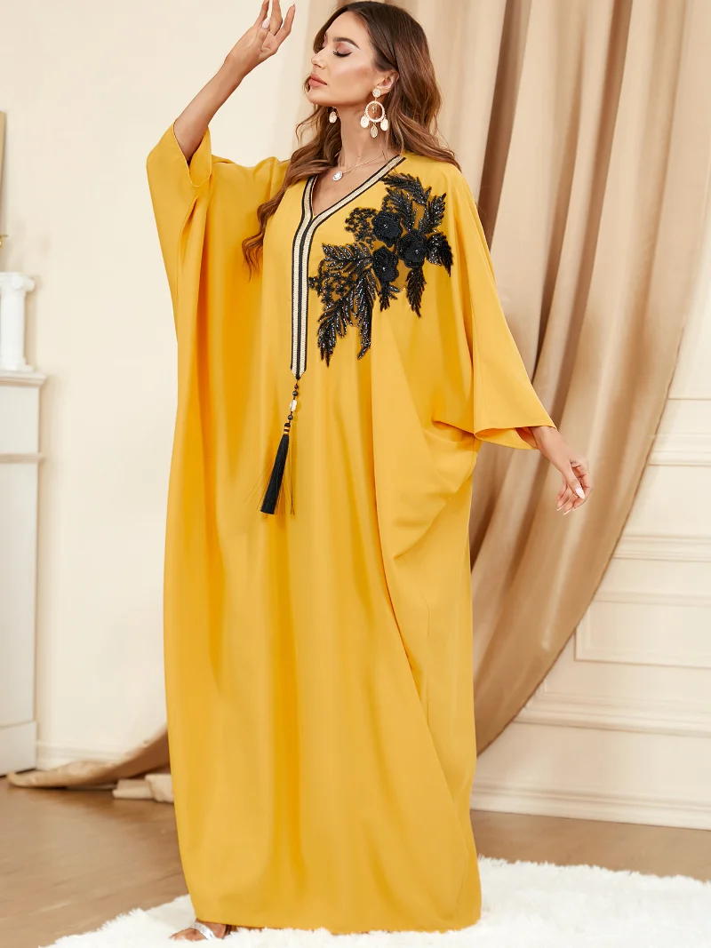 

Summer Bat Sleeve Muslim Sequins Dress Women Abaya Oversized Loose African Caftan Turkey Vestidos Moroccan Kaftan Elbise 2023