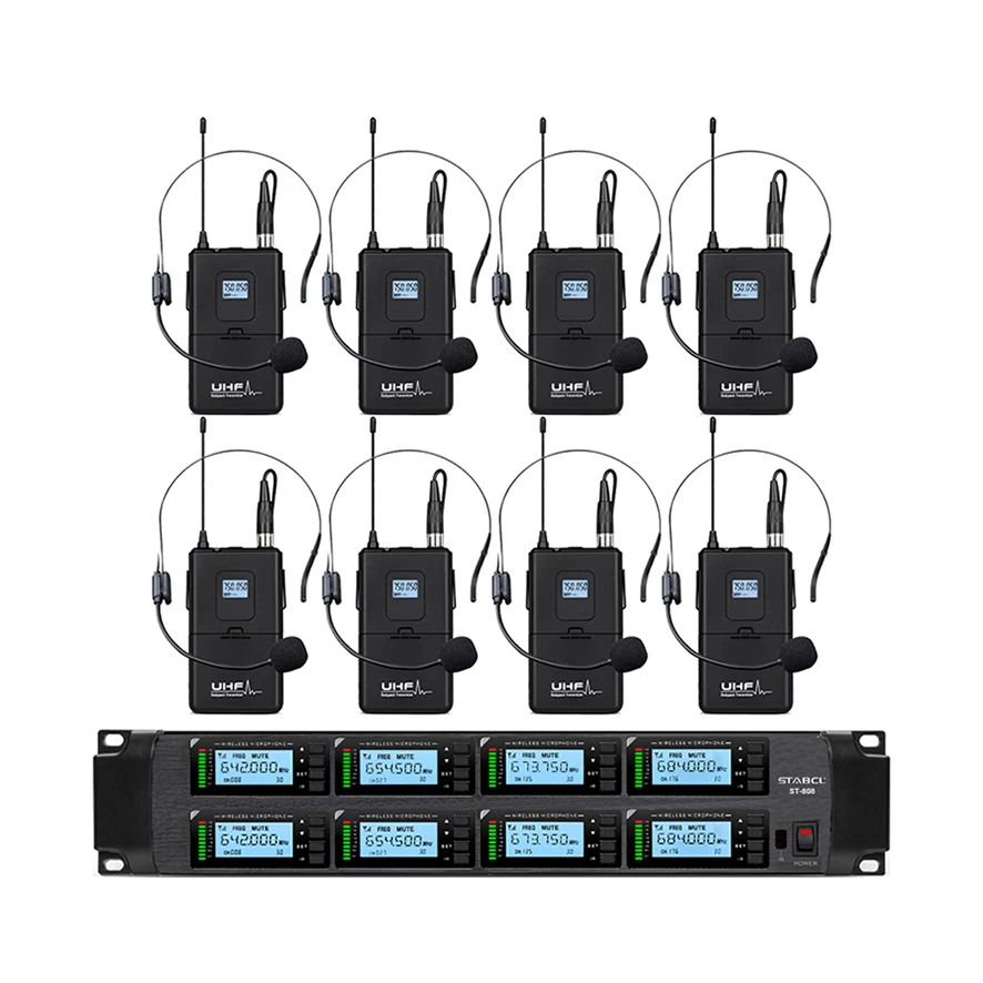 

8 головных уборов, Профессиональный 8-канальный УВЧ-микрофон, сценическая Беспроводная микрофонная система, микрофоны с лацканами