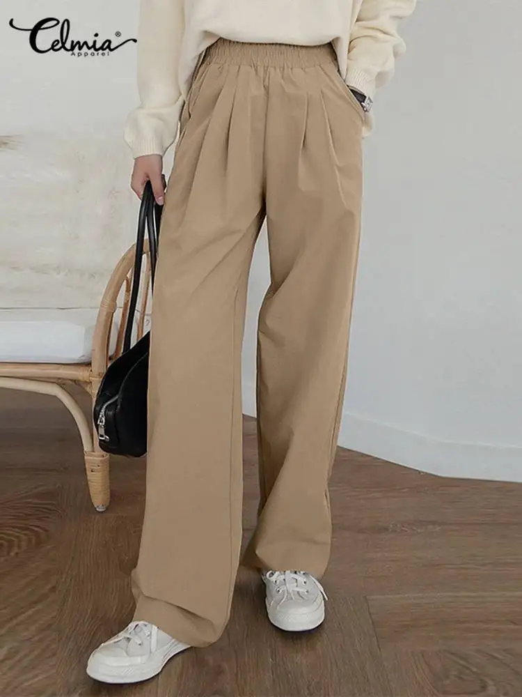 

Celmia Women All-match Long Trouser Leisure Autumn Pantalon Elastic Waist Elegant Pants Pockets Solid Color Pleats Straight Pant