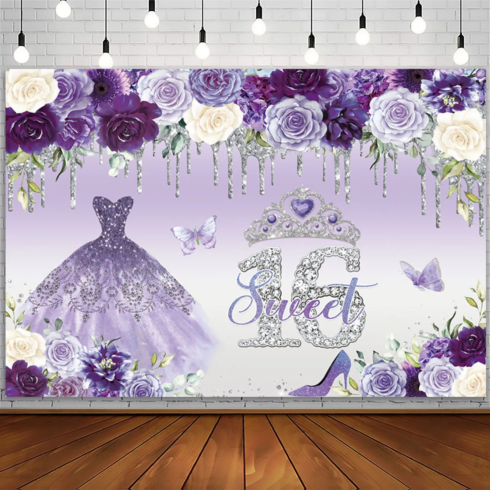 Сладкий 16 День Рождения Фон Цветы Блестящие Платья Бриллиантовая Корона Сладкие