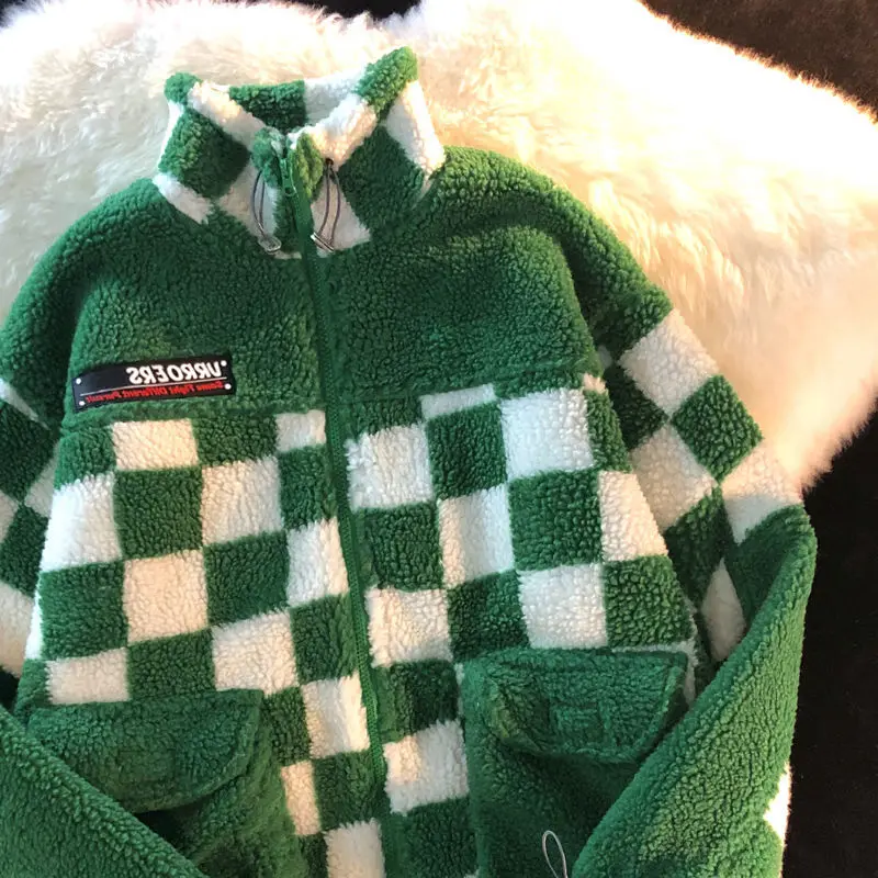 Шахматная бархатная куртка из ягненка Женская водолазка Осень-зима 2021 свободная