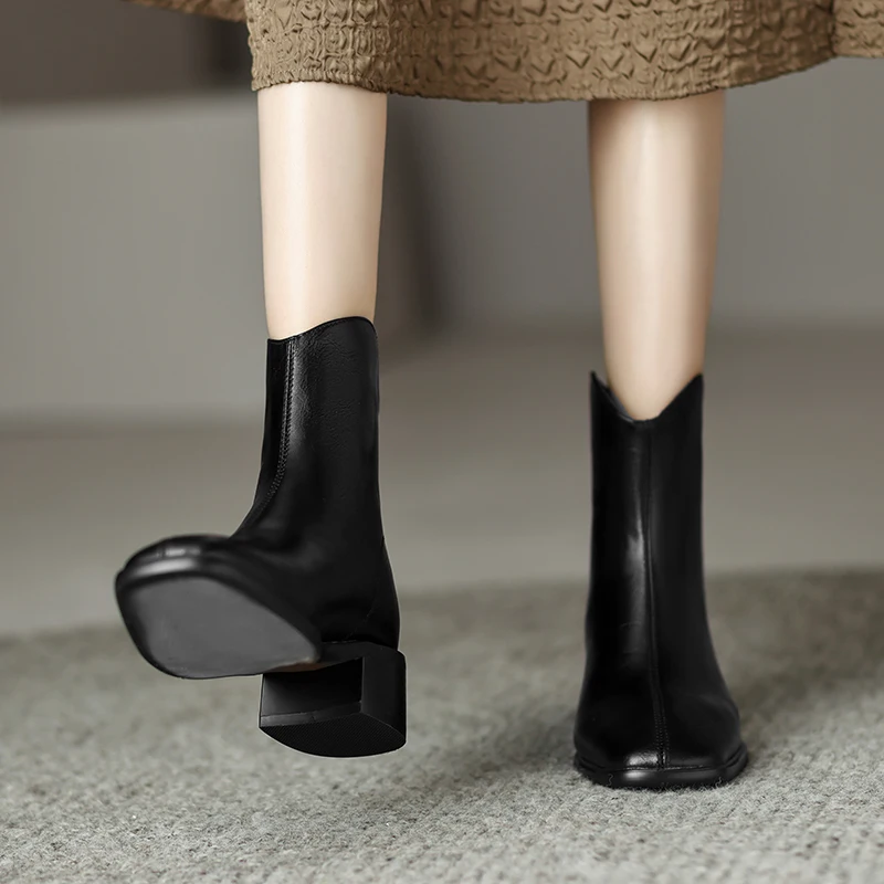 MythLuo Pumps Ankle Boots For Women Chunky Heels Boots Cow Leather Square Toe Mid Heels Office Ladies Casual Shoes Retro