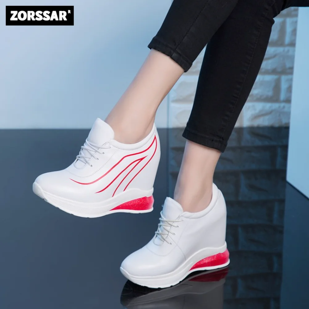 

2023 New Cow Leather breathable Women High heel Lace-Up Height Increasing Platform Wedges Sneakers Casual Women Vulcanized shoes