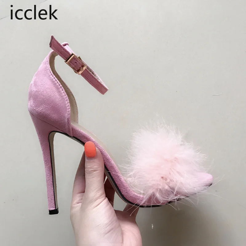 2023 Ladies Sandals Feather Super High Heel Sandals Open Toe Ladies Slippers Banquet Wedding Party Shoes Ladies Large Size 35-43