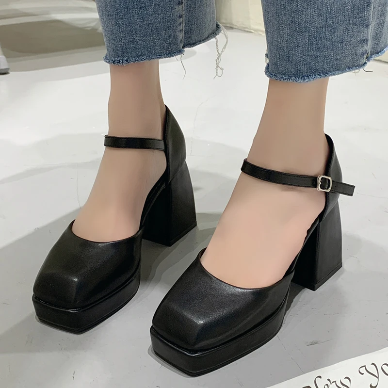 

Ankle Strap Platform Pumps Women PU Leather Square Toe Mary Janes Shoes Woman Office Goth Thick High Heels Ladies Party Shoes