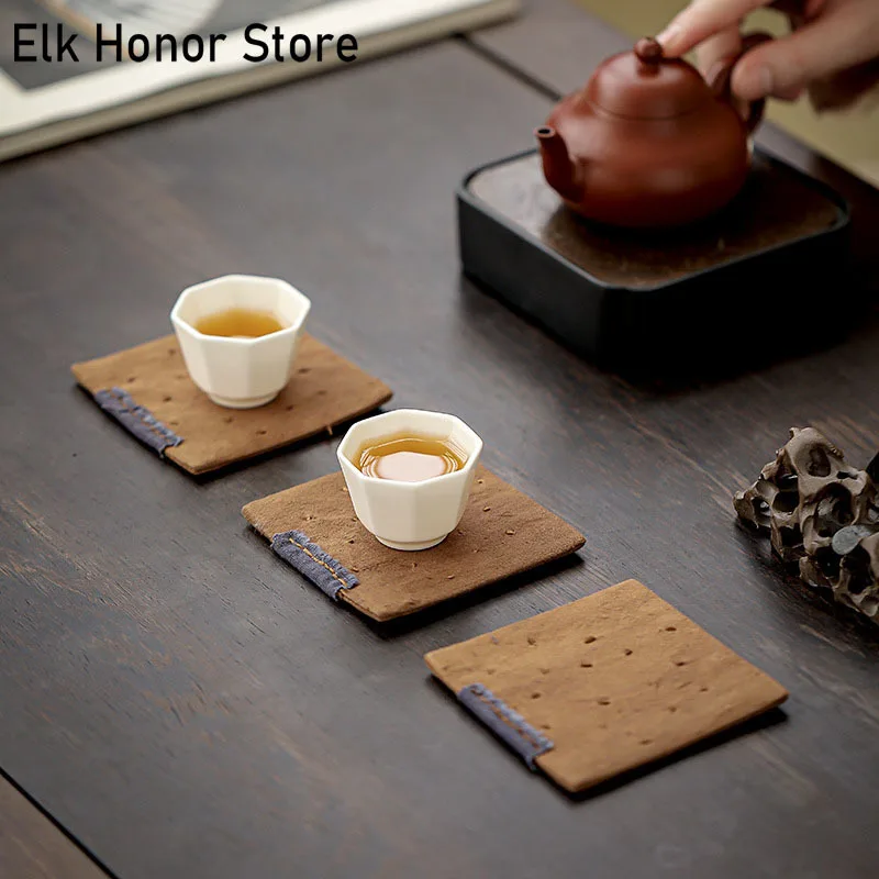 

2pc/Set Retro Handmade Persimmon Dyed Patch Cup Coasters Ancient Old Cloth Pot Pad Heat Insulation Mat Tea Ceremony Accessories