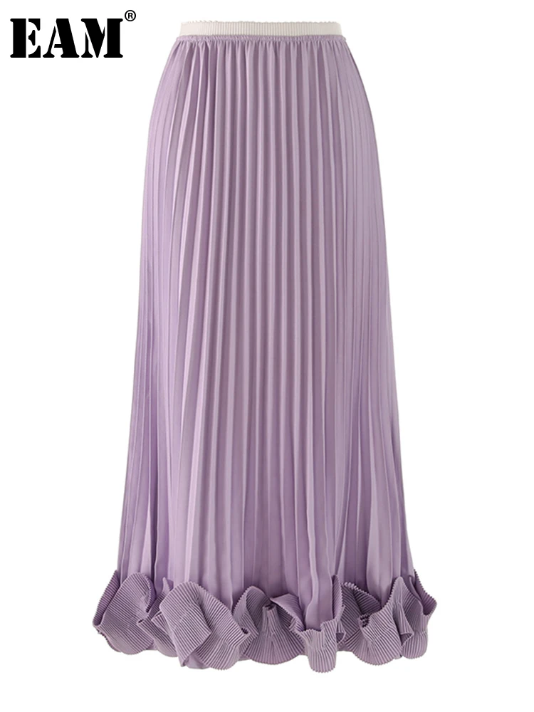 

[EAM] High Elastic Waist Purple Pleated Hem Ruffles Long Half-body Skirt Women Fashion Tide New Spring Autumn 2023 1DF7885
