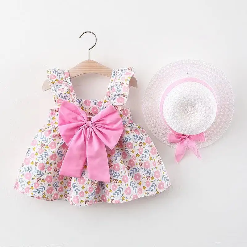 

Summer Newborn Baby Clothes Set Baby Girl Korean Cute Print Sleeveless Cotton Beach Dress + Sun Hat Kids Princess Dresses