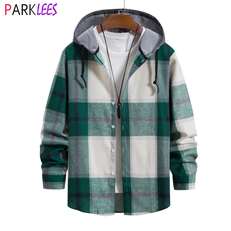 Green Flannel Shirt for Men Regular Hooded Long Sleeve Plaid Button Down Shirt Long Sleeve Casual  Jacket Shirt Chemise Homme