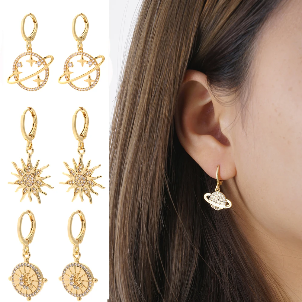 

Cubic Zircon Sun Hoop Earrings for Women Gold Color Bling Cute Dangle Earrings Female Ear Rings Party Gift New Fashion Korean
